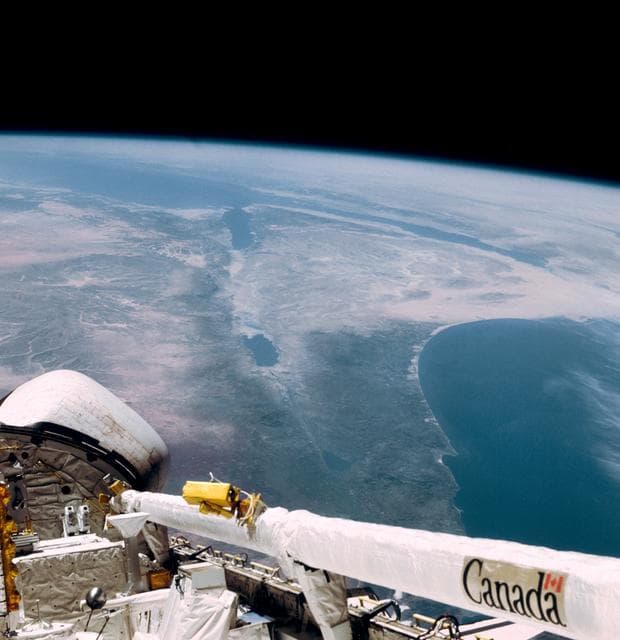 NASA image: View of the Columbia's aft section while over Mediterranean Sea
