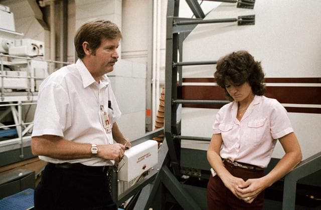 NASA image: Astronaut Sally K. Ride outside of shuttle mission simulator