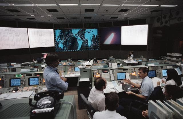NASA image: Views of Mission Control Center during launch of STS-8