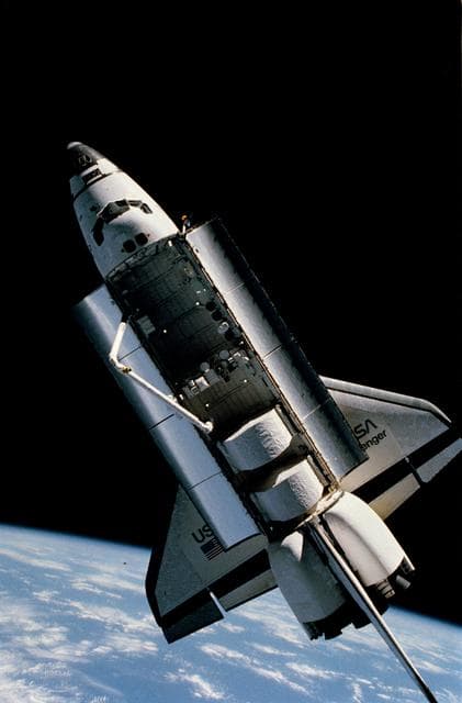 NASA image: View of the Challenger from the fixed camera in McCandless's helmet