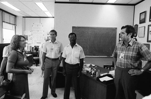 NASA image: Christa McAuliffe meets other STS 51-L crewmembers