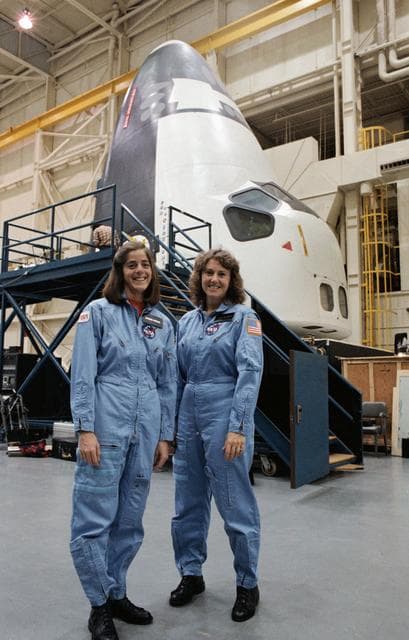NASA image: Christa McAuliffe and Barbara Morgan pose for photos after training