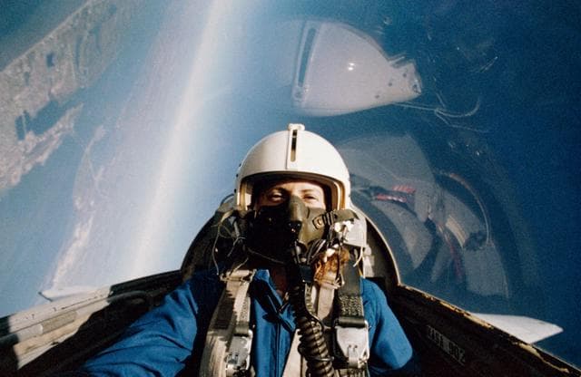 NASA image: Christa McAuliffe during her training ride in the T-38 jet trainer