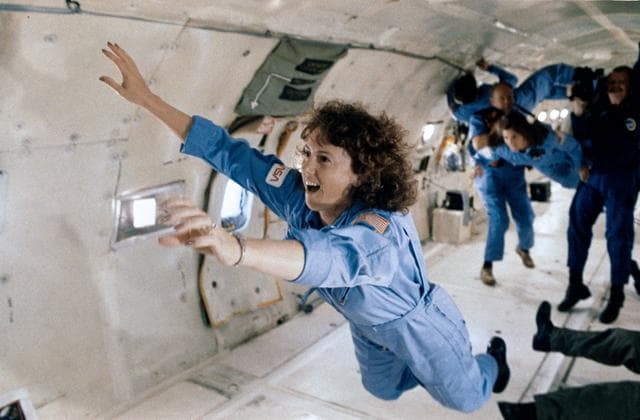 NASA image: Teacher in Space Christa McAuliffe on the KC-135 for zero-G training