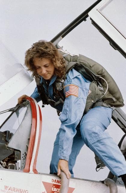 Christa McAuliffe during her training ride in the T-38 jet trainer