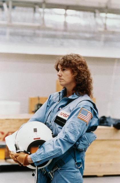 NASA image: Christa McAuliffe resting after egress training