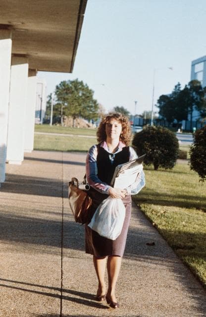 NASA image: Christa McAuliffe preparing for STS 51-L flight
