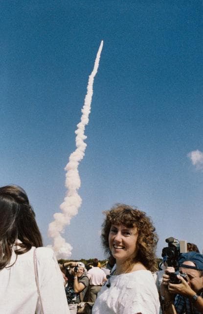 NASA image: Barbara Morgan and Christa McAuliffe watch the STS 61-A launch of Challenger