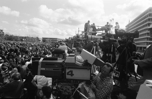 NASA image: Audience and News Media at the Memorial service at JSC for Crew of STS 51-L