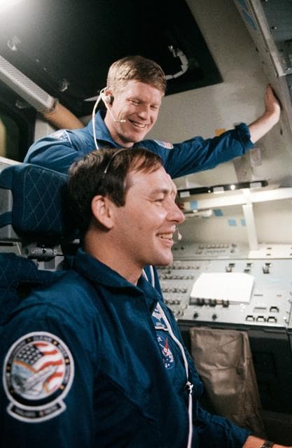 NASA image: STS-27 Atlantis, OV-104, crewmembers on shuttle mission simulator flight deck