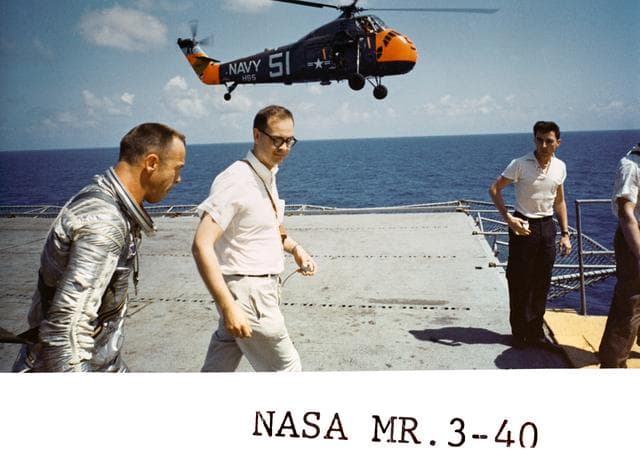Astronaut Alan Shepard on U.S. Champlain after recovery of Mercury capsule