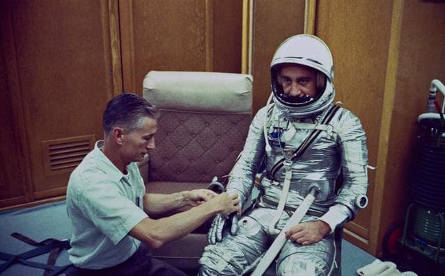 NASA image: Astronaut Grissom dons spacesuit for Mercury-Redstone 4 mission
