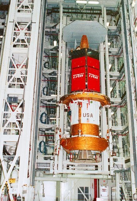 NASA image: STS-43 TDRS-E during preflight processing at KSC's VPF