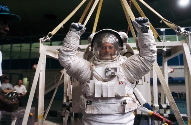 NASA image: Astronaut David Wolf participates in training for contingency EVA in WETF