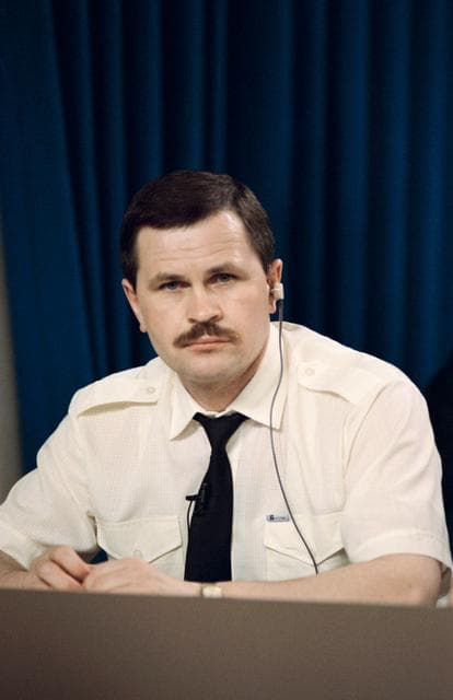 NASA image: Cosmonaut Budarin during STS-71 news conference