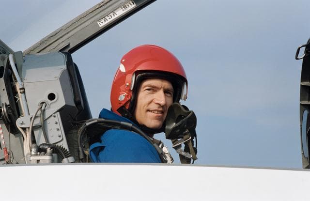 NASA image: Payload Specialist Fred Leslie training in T-38 aircraft