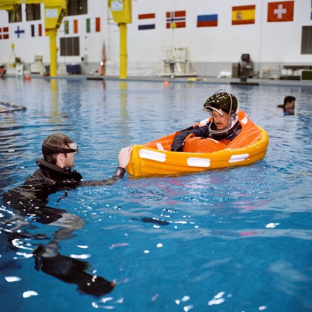 NASA image: The crew of STS-96 during bailout training in the Neutral Buoyancy Lab