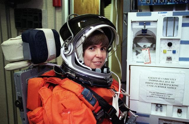 NASA image: STS-99 crewmembers train in orbiter mock-up