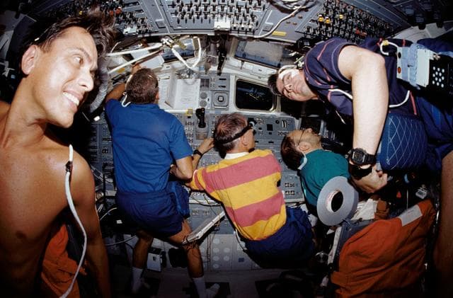 NASA image: STS-46 crewmembers work on OV-104's aft flight deck