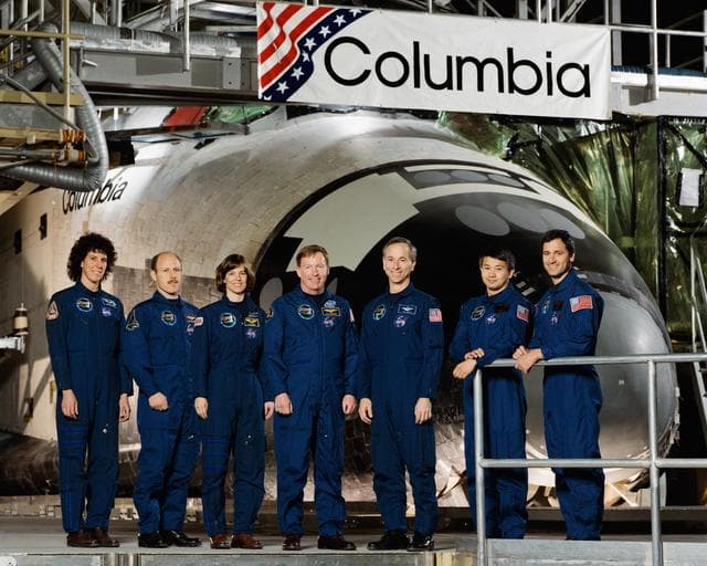 NASA image: STS-50 USML-1 crew poses for their official portrait in front of OV-102