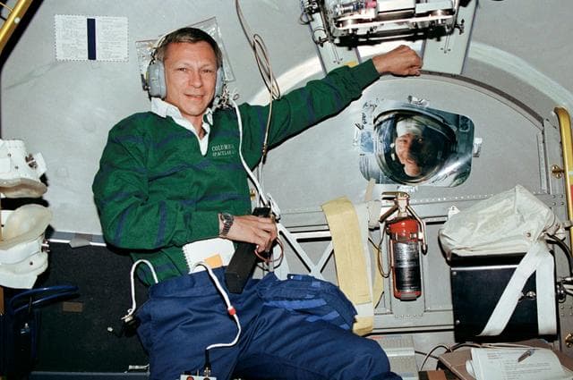 NASA image: STS-55 Commander Nagel uses SAREX II inside the SL-D2 module aboard OV-102