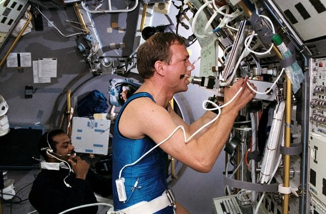 NASA image: STS-55 MS3 Harris & Payload Specialist Schlegel conduct Anthrorack experiment
