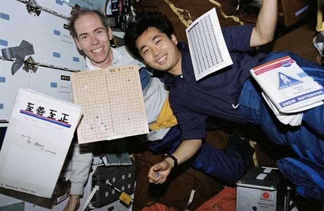 NASA image: Mission Specialists Dan Barry and Koichi Wakata play Japanese game "GO"