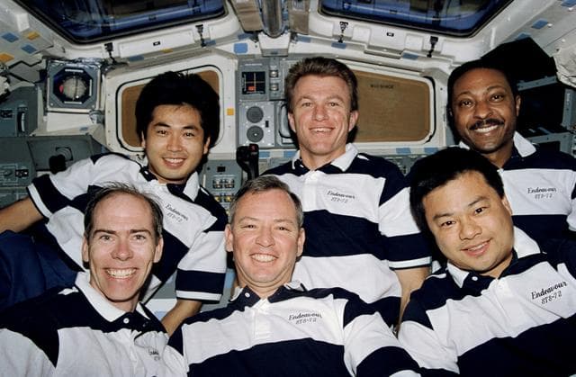 NASA image: STS-72 crew portrait taken in flight deck