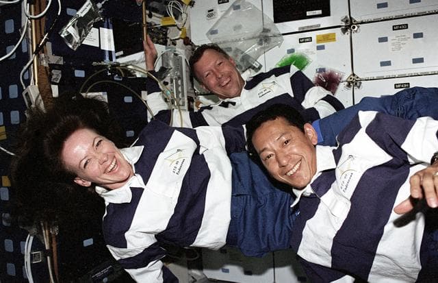 NASA image: STS-99 Gorie,Kavandi and Mohri pose for a photo on OV-105's middeck