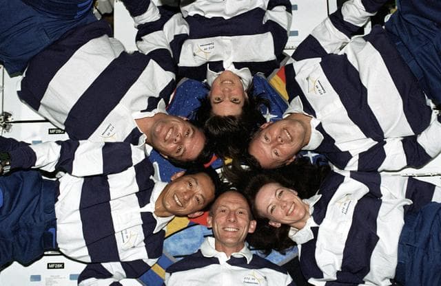 NASA image: The STS-99 crew pose for their inflight portrait on OV-105's middeck