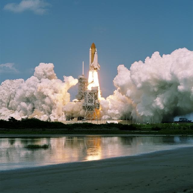 NASA image: View of the launch of the Space Shuttle Endeavour at KSC to start the STS-100 mission