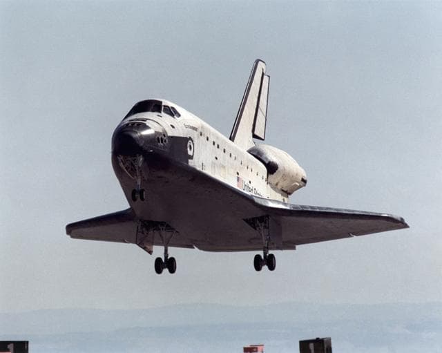 NASA image: Front view of Endeavour prior to touching down at Edwards AFB during STS-100's landing
