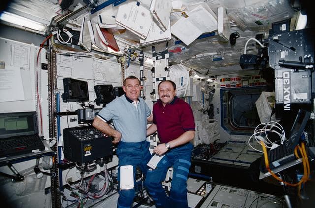 NASA image: RWS equipment in the U.S. Laboratory with Voss and Usachev