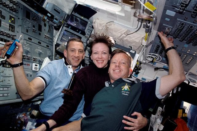 NASA image: MS Kavandi, PLT Hobaugh and CDR Lindsey on flight deck