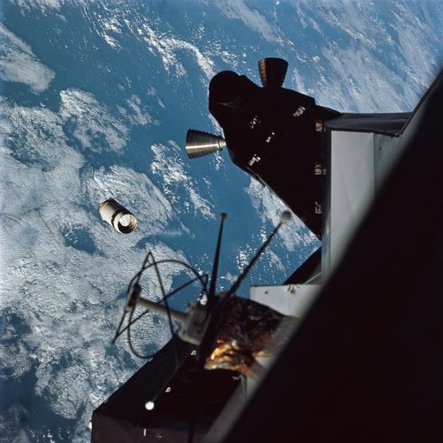 NASA image: Apollo 9 Mission image - View of the Lunar Module (LM) 3 and Service Module (SM) LM Adapter 