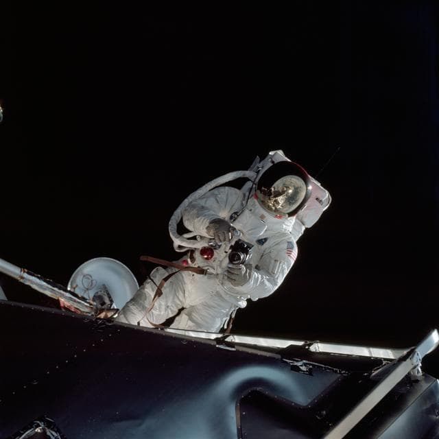 NASA image: Apollo 9 Mission image - Astronaut Russell L. Schweickart, lunar module pilot, during EVA 