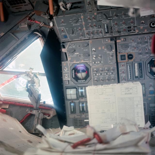 NASA image: Interior view of Apollo 11 Lunar Module showing displays and controls