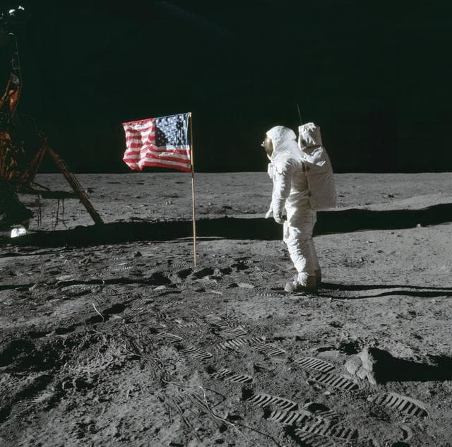 Apollo 11 Mission image - Astronaut Edwin Aldrin poses beside th