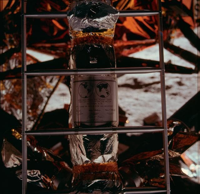 View of plaque Apollo 11 astronauts left on moon