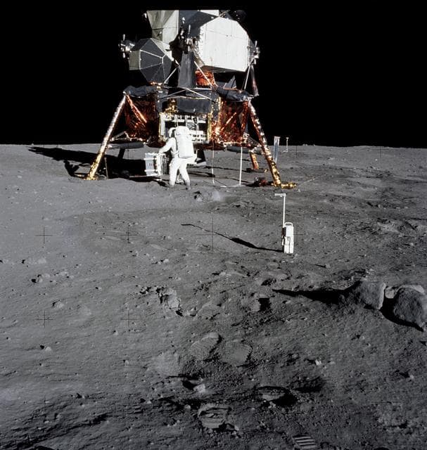 NASA image: Astronaut Edwin Aldrin prepares to deploy EASEP on surface of moon