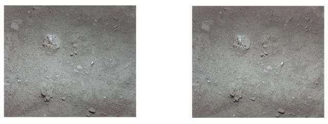 NASA image: Apollo 11 stereo view showing lump of surface powder with glassy material