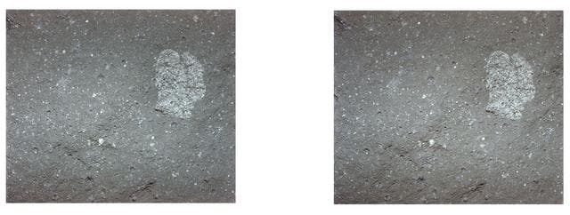 NASA image: Apollo 11 stereo view showing lump of surface powder with colored material