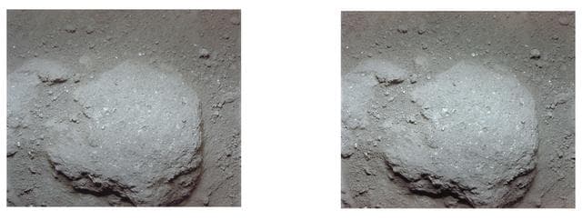 NASA image: Apollo 11 stereo view showing stone embedded in powdery lunar surface