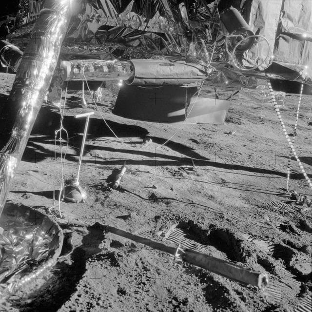 Apollo 12 Mission image - Modular Equipment Stowage Assemble (MESA) and the Fuel Cask on the Lunar Module (LM) 