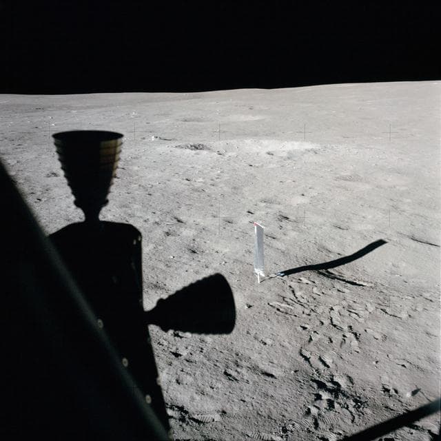NASA image: Apollo 14 Mission image - View from the Lunar Module window of the Solar Wind Panel to the southeast. 