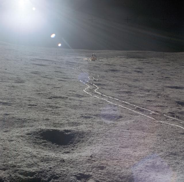 NASA image: Apollo 14 Lunar Module photographed against sun glare on lunar surface