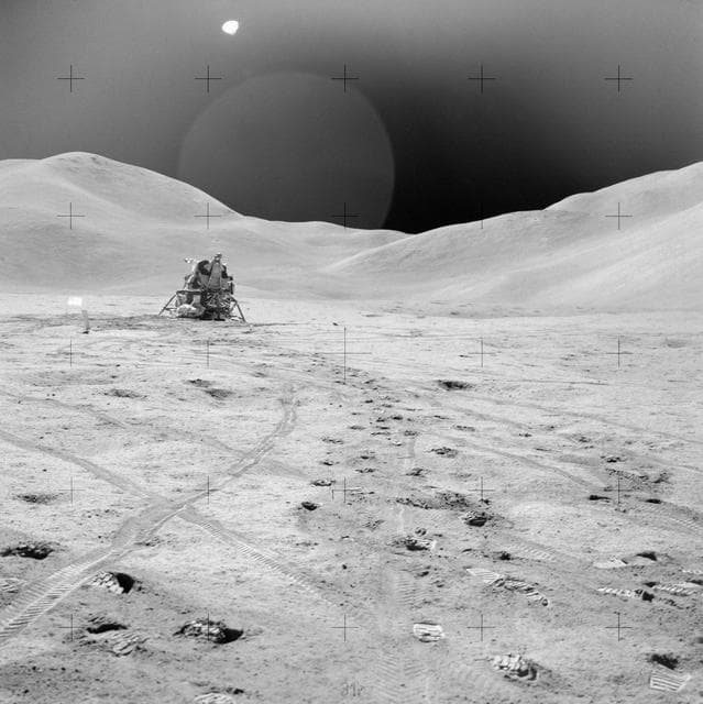 NASA image: Lunar Module photographed against lunarscape during Apollo 15 EVA
