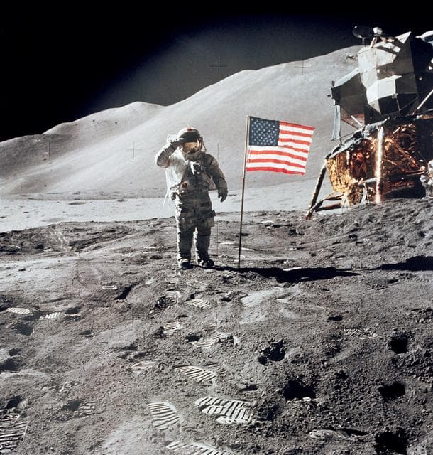 NASA image: Astronaut David Scott gives salute beside U.S. flag during EVA