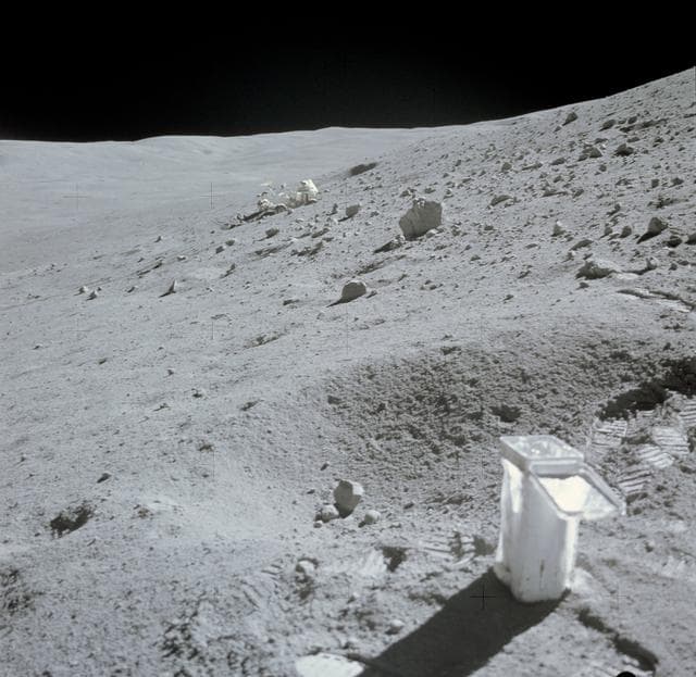 NASA image: Lunar Roving Vehicle parked in lunar depression on slope of Stone Mountain