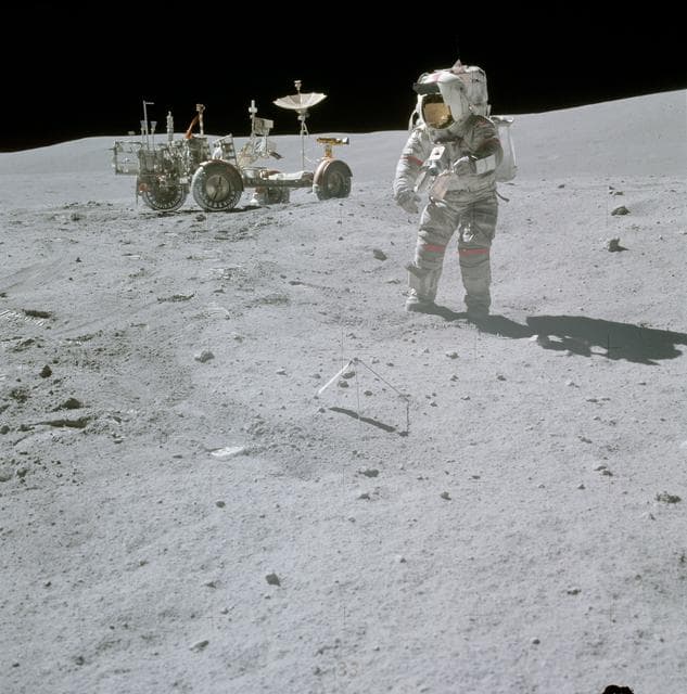 NASA image: Astronaut John Young collecting samples at North Ray crater during EVA